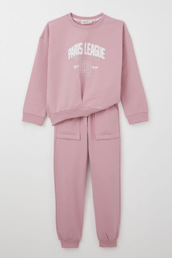 Girls' Athletic Tracksuit Set with V-Stitched Front in Dusty Rose (Ages 5-10)