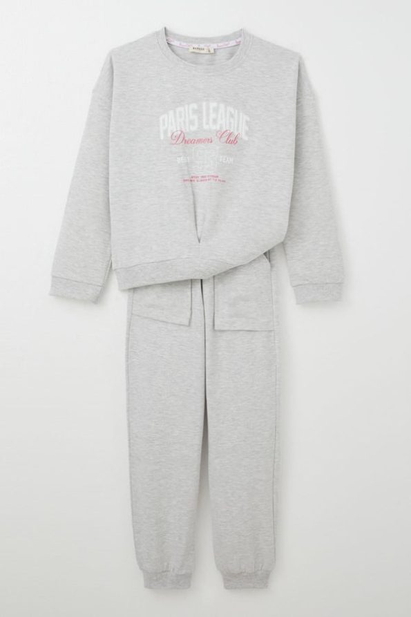 Girls' Athletic Tracksuit Set with V-Stitch Front in Light Grey Melange (Ages 5-10)