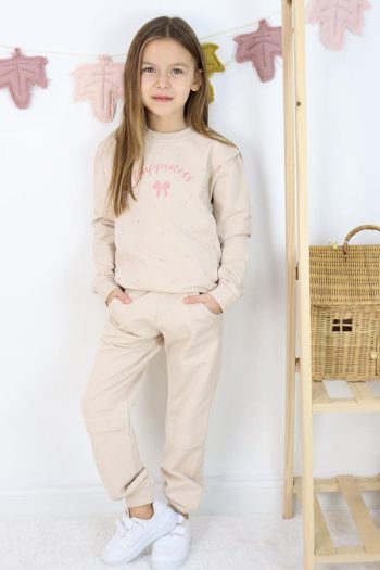 Girls' Sweatshirt Set with Happiness-Themed Polka Dots Beige (Ages 4-8)