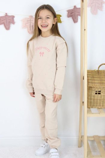 Girls' Sweatshirt Set with Happiness-Themed Polka Dots Beige (Ages 4-8)