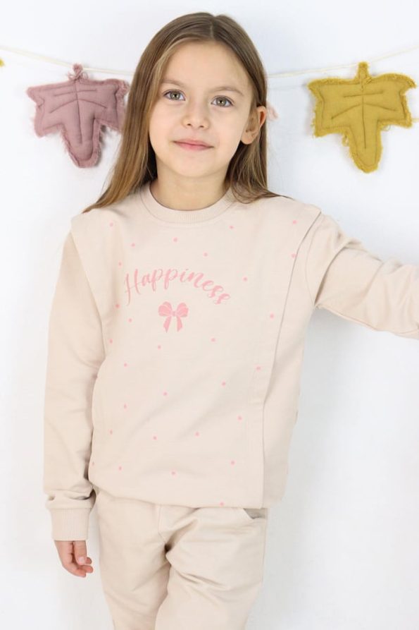 Girls' Sweatshirt Set with Happiness-Themed Polka Dots Beige (Ages 4-8)