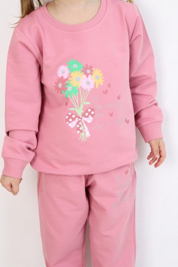 Girls' Tracksuit Set with Colorful Floral Bouquet Print in Dusty Rose (Ages 1.5-4)