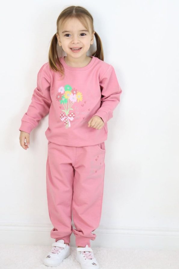 Girls' Tracksuit Set with Colorful Floral Bouquet Print in Dusty Rose (Ages 1.5-4)
