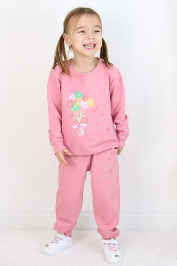 Girls' Tracksuit Set with Colorful Floral Bouquet Print in Dusty Rose (Ages 1.5-4)