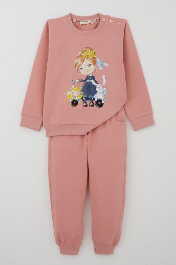 Girls' Tracksuit Set with Scooter Print in Dusty Pink (Ages 1.5-5)