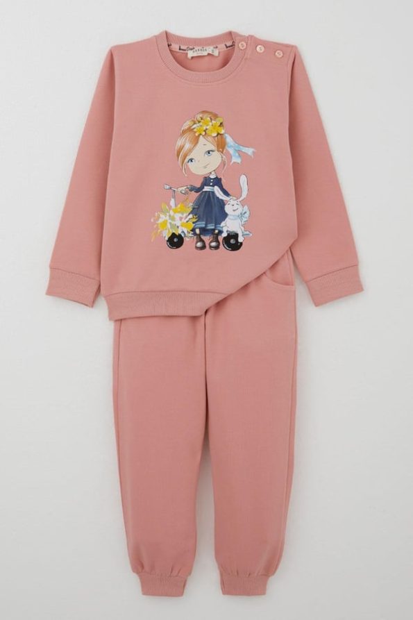 Girls' Tracksuit Set with Scooter Print in Dusty Pink (Ages 1.5-5)