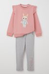 Girls' Tracksuit Set with Cute Bunny Print in Dusty Pink (Ages 3-8)
