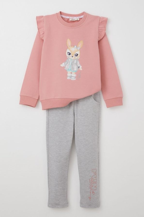 Girls' Tracksuit Set with Cute Bunny Print in Dusty Pink (Ages 3-8)
