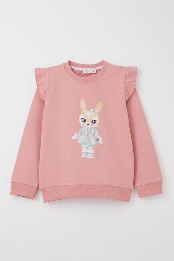 Girls' Tracksuit Set with Cute Bunny Print in Dusty Pink (Ages 3-8)