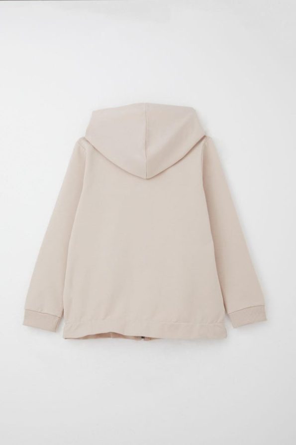 Girls' Heart Patterned Sweatshirt Set in Beige with Stone Details (Ages 4-9)