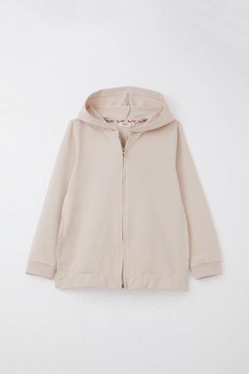 Girls' Heart Patterned Sweatshirt Set in Beige with Stone Details (Ages 4-9)