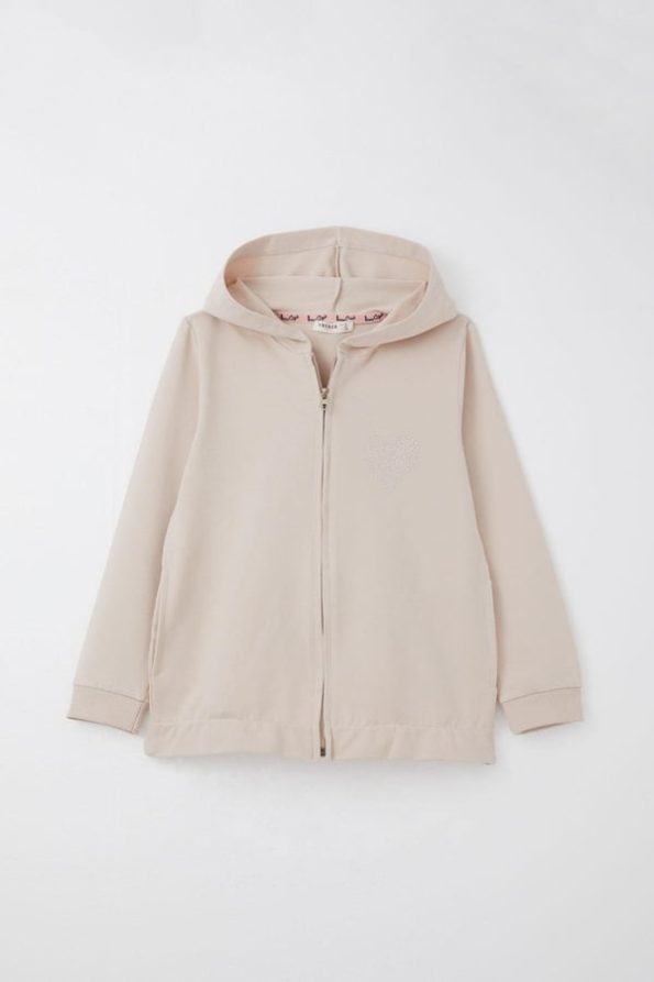 Girls' Heart Patterned Sweatshirt Set in Beige with Stone Details (Ages 4-9)