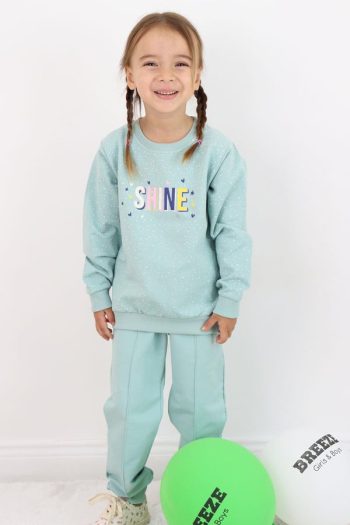 Girls' Tracksuit Set with Heart and Star Print in Mint Green (3-7 Years)