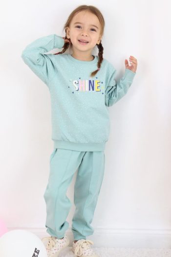 Girls' Tracksuit Set with Heart and Star Print in Mint Green (3-7 Years)