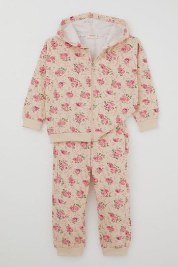 Girls' Floral Hooded Tracksuit Cream (Ages 1.5-5)
