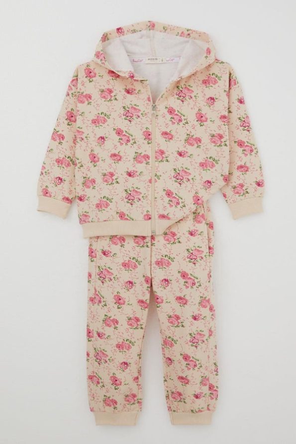 Girls' Floral Hooded Tracksuit Cream (Ages 1.5-5)