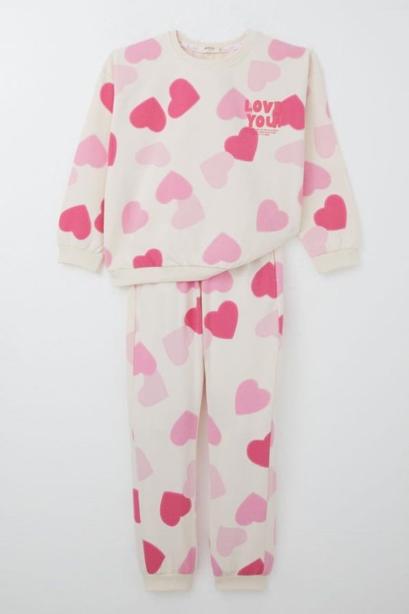 Heart Pattern Girls' Tracksuit with Printed Back Cream (4-8 Years)