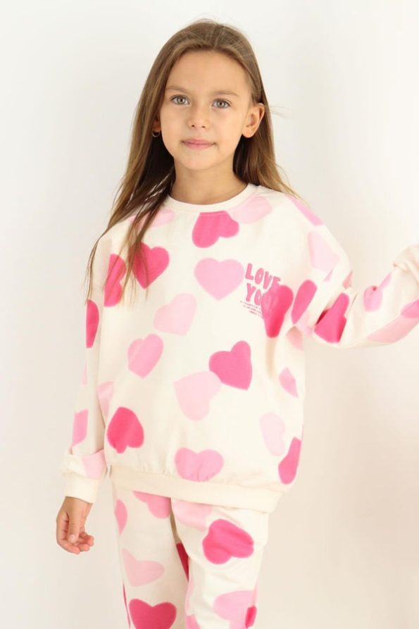 Heart Pattern Girls' Tracksuit with Printed Back Cream (4-8 Years)