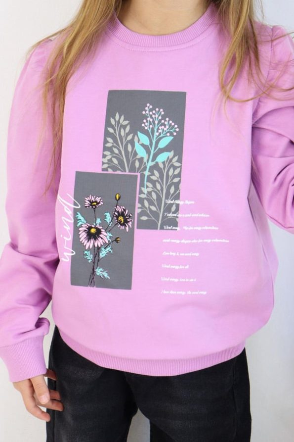 Girls' Sweatshirt with Floral & Text Print in Lavender (8-12 Years)