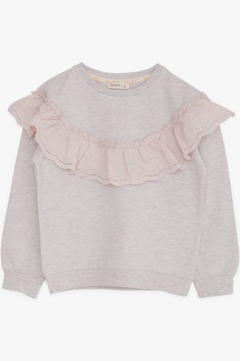 Girls' Beige Melange Sweatshirt with Lace (6-12 Years)
