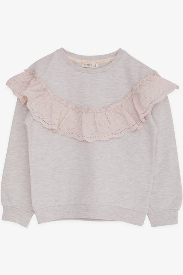 Girls' Beige Melange Sweatshirt with Lace (6-12 Years)