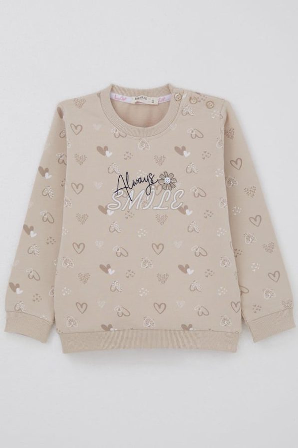 Girls' Heart Patterned Sweatshirt in Beige (Ages 1.5-5)