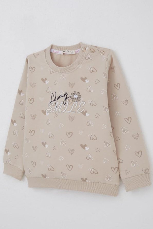 Girls' Heart Patterned Sweatshirt in Beige (Ages 1.5-5)