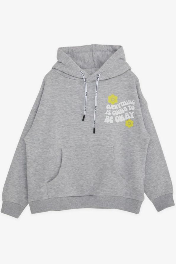 Girls' Hooded Sweatshirt with Printed Design in Grey Melange (8-9 Years)