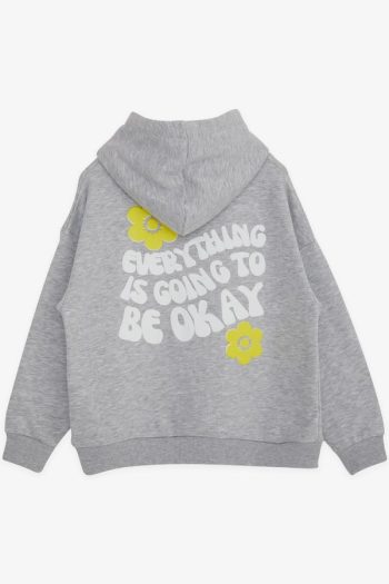 Girls' Hooded Sweatshirt with Printed Design in Grey Melange (8-9 Years)