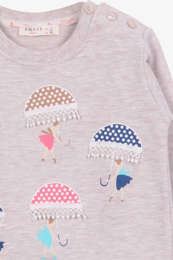 Girls' Printed Sweatshirt with Umbrella Design in Beige Melange (1.5-5 Years)