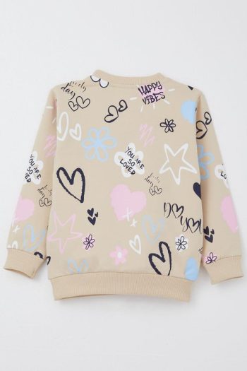 Girls' Heart-Themed Beige Sweatshirt (3-8 Years)