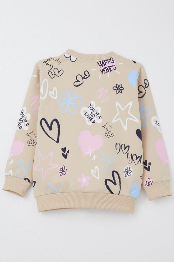 Girls' Heart-Themed Beige Sweatshirt (3-8 Years)