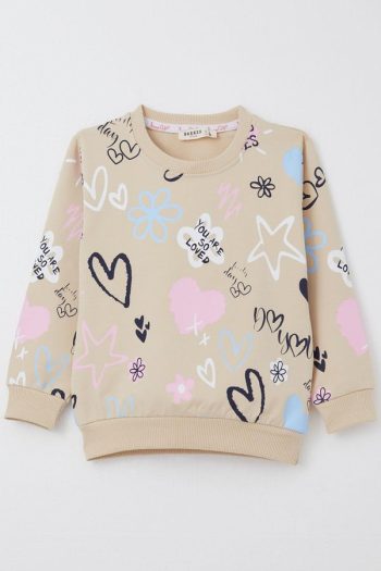 Girls' Heart-Themed Beige Sweatshirt (3-8 Years)