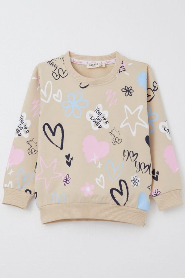 Girls' Heart-Themed Beige Sweatshirt (3-8 Years)