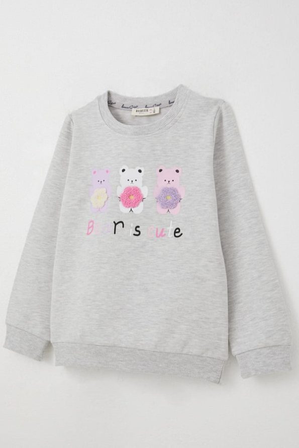 Cute Bear Print Sweatshirt for Toddler Girls in Light Grey Melange (1.5-2 Years)