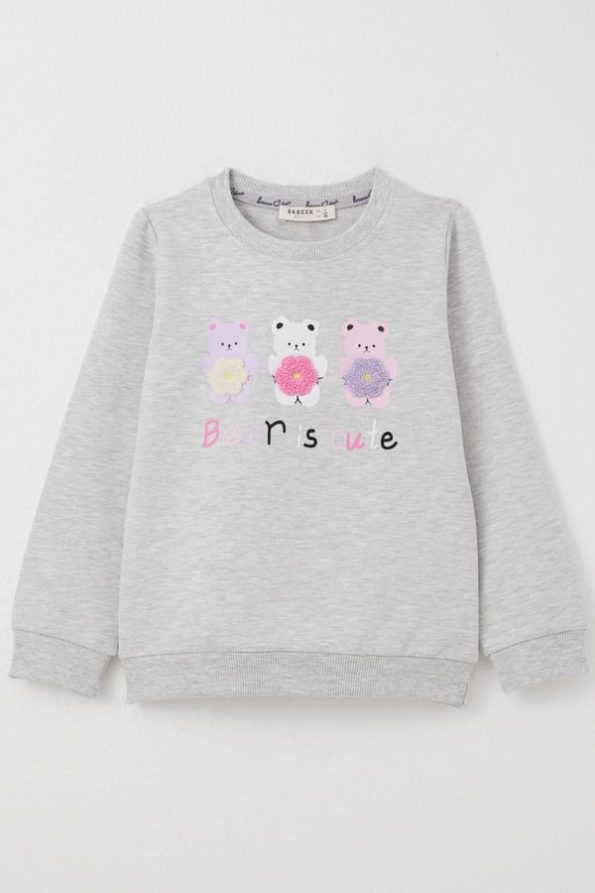 Cute Bear Print Sweatshirt for Toddler Girls in Light Grey Melange (1.5-2 Years)
