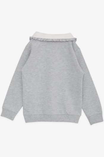 Girls' Rabbit Embroidered Button-Up Sweatshirt in Light Gray Melange (2-4 Years)