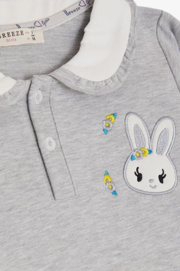 Girls' Rabbit Embroidered Button-Up Sweatshirt in Light Gray Melange (2-4 Years)