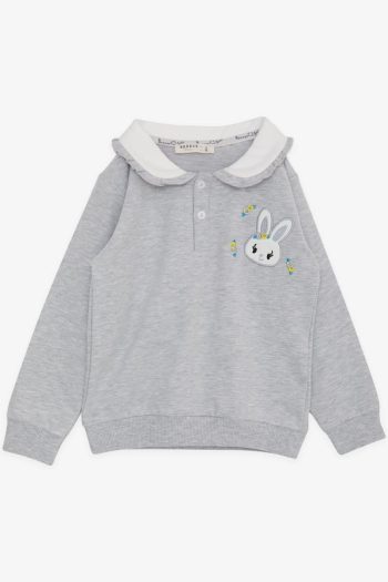 Girls' Rabbit Embroidered Button-Up Sweatshirt in Light Gray Melange (2-4 Years)