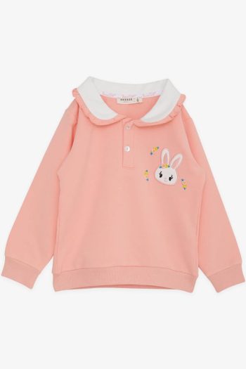 Girls' Rabbit Embroidered Button Sweatshirt in Salmon (Ages 2-4)