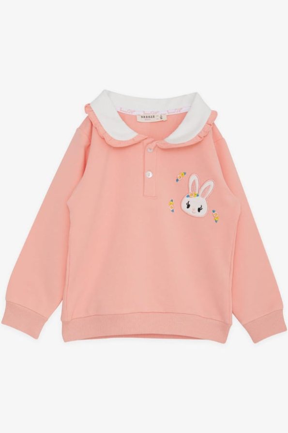 Girls' Rabbit Embroidered Button Sweatshirt in Salmon (Ages 2-4)
