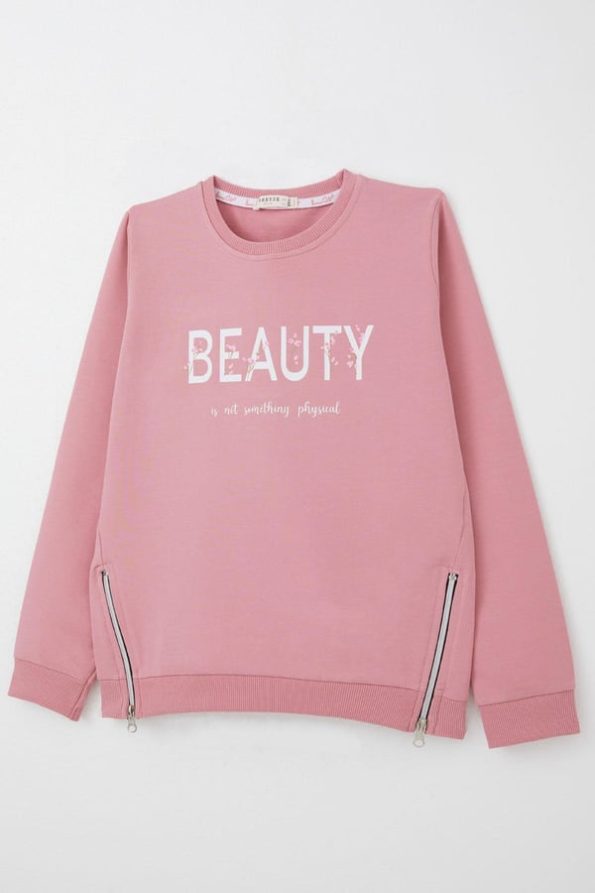 Girls' Sweatshirt with Floral Print and Zipper Details in Rose Pink (Ages 9-14)
