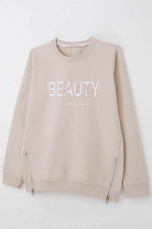 Girls' Sweatshirt with Floral Print and Zip Details in Beige (Ages 9-12)