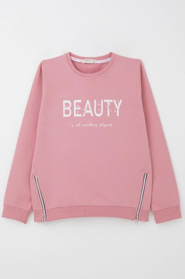 Girls' Sweatshirt with Floral Print and Zipper Details in Rose Pink (Ages 9-14)