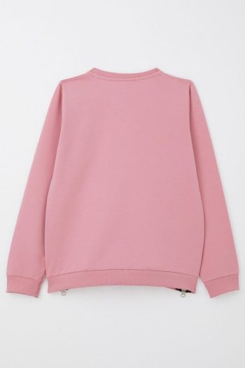 Girls' Sweatshirt with Floral Print and Zipper Details in Rose Pink (Ages 9-14)