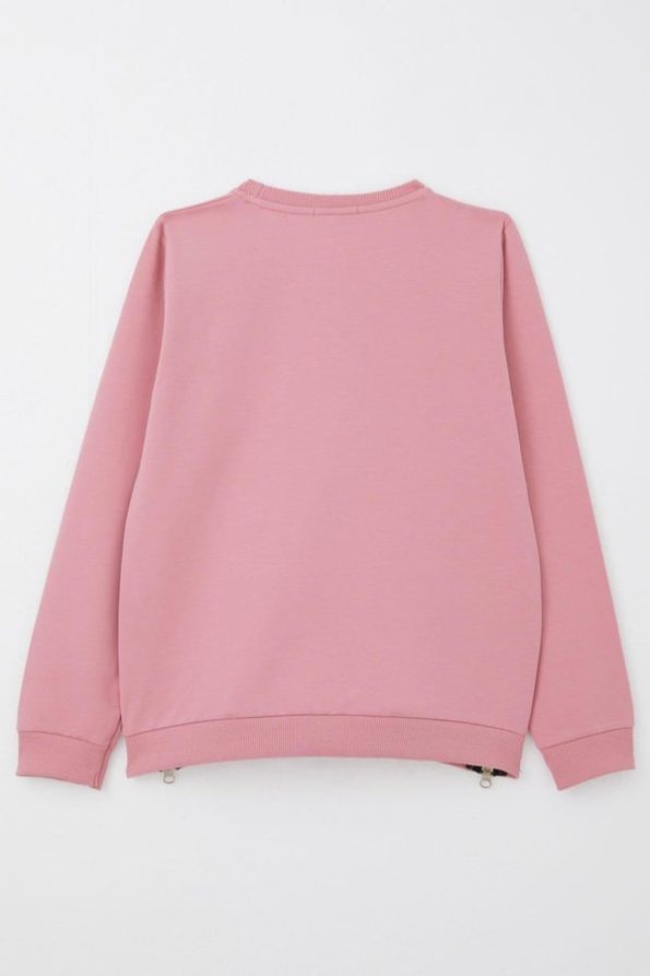 Girls' Sweatshirt with Floral Print and Zipper Details in Rose Pink (Ages 9-14)