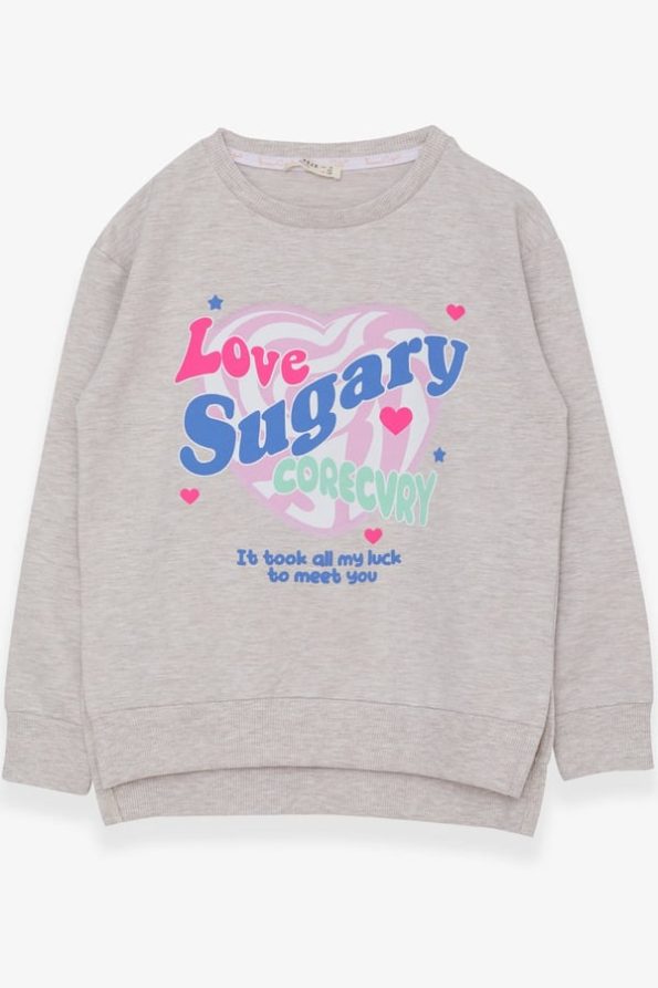Girls' Printed Sweatshirt with Slits in Beige Melange (Ages 9-14)