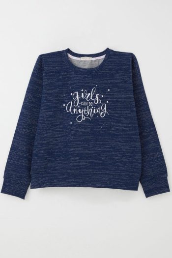 Girls' Printed Star Sweatshirt in Navy Blue Melange (Ages 9-14)