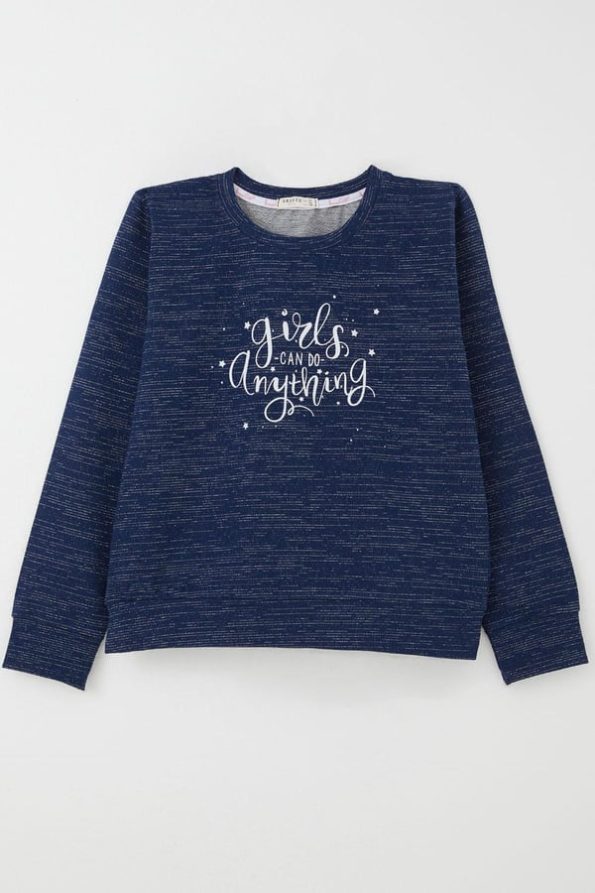 Girls' Printed Star Sweatshirt in Navy Blue Melange (Ages 9-14)