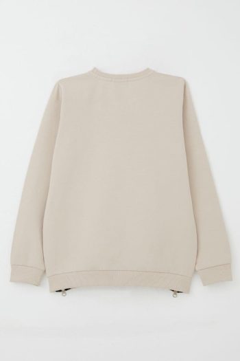Girls' Sweatshirt with Floral Print and Zip Details in Beige (Ages 9-12)